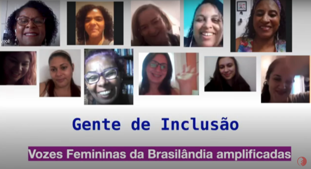 imagem contém um mosaico de fotos de mulheres brancas e negras. Elas estão sorrindo. Abaixo das fotos, está escrito em azul a frase Gente de Inclusão. Mais abaixo está escrito em letras brancas e destacado em roxo: Vozes Femininas da Brasilândia amplificadas