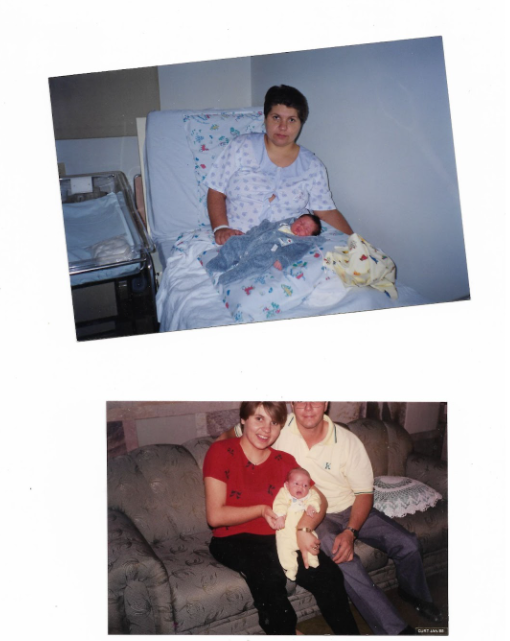 Duas fotos de Sandra com seu filho, uma na cama, com ele recém-nascido e, na outra, no sofá com o bebê no colo e ao lado do marido