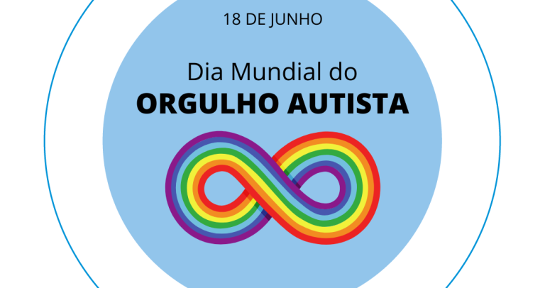 círculo azul com as informações: 18 de junho dia mundial do orgulho autista. abaixo, ilustração do símbolo do infinito nas cores do infinito. no canto inferior direito está o logo da Câmara Paulista.