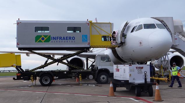 foto de um avisão no pátio do aeroporto, com o equipamento Ambulift acoplado à porta da aeronave.
