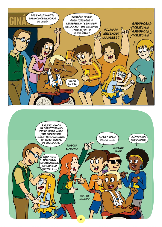 Print de duas páginas da Revista, com situações vividas por pessoas com deficiência na rua e no ambiente de esporte e lazer.